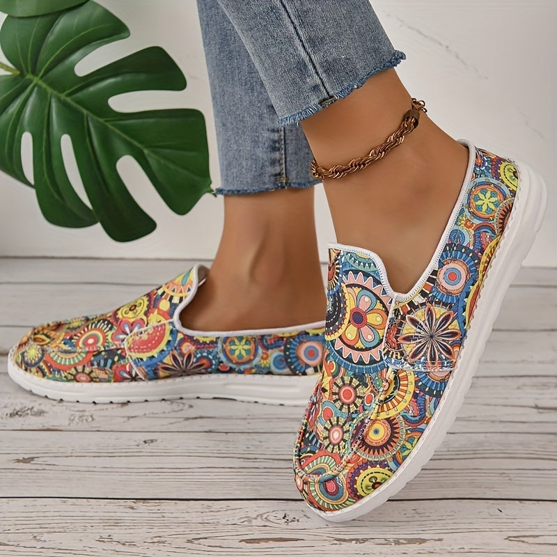 Women's Floral Print Flat Shoes, Fashion Round Toe Low Top Slip On Loafers, Casual Walking Canvas Shoes