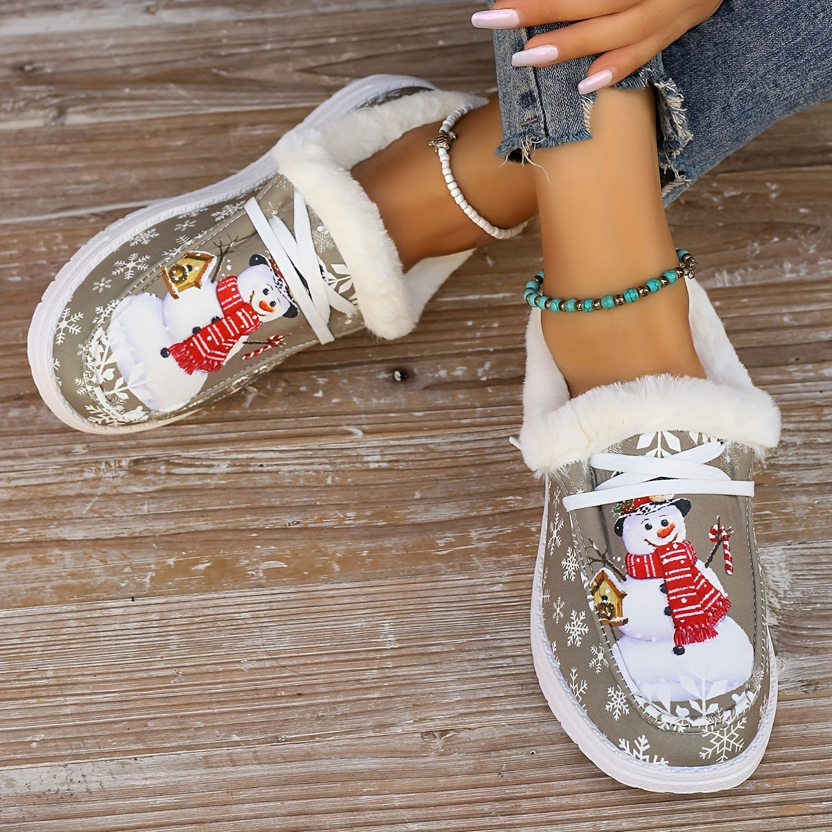 Women's Snowman Pattern Canvas Shoes, Casual Lace Up Outdoor Shoes, Lightweight Low Top Plush Lined Christmas Sneakers