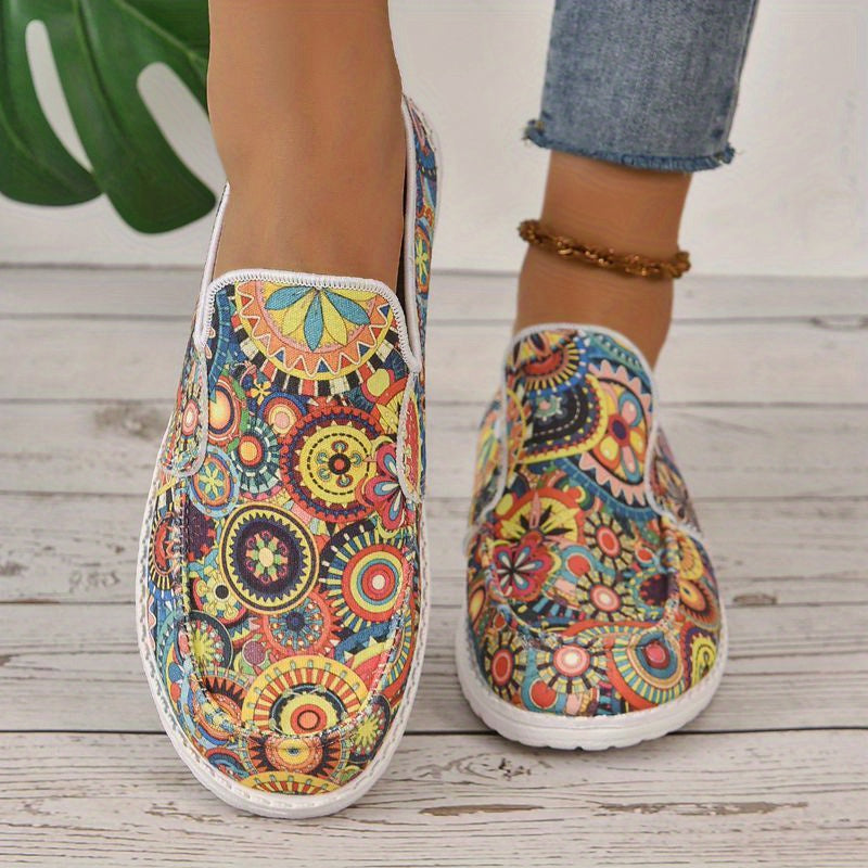 Women's Floral Print Flat Shoes, Fashion Round Toe Low Top Slip On Loafers, Casual Walking Canvas Shoes